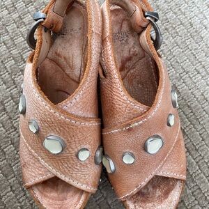 John Fluevog Tan Leather Sandals with Silver Accents